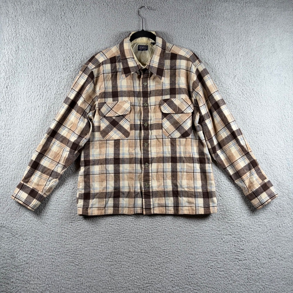 Vtg Enro Brown Plaid Wool Blend Quilted Lined Flannel Shirt Mens L Workwear